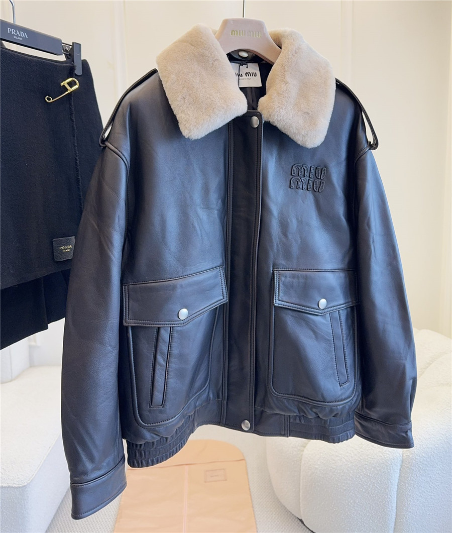 Miu Miu fur collar leather jacket