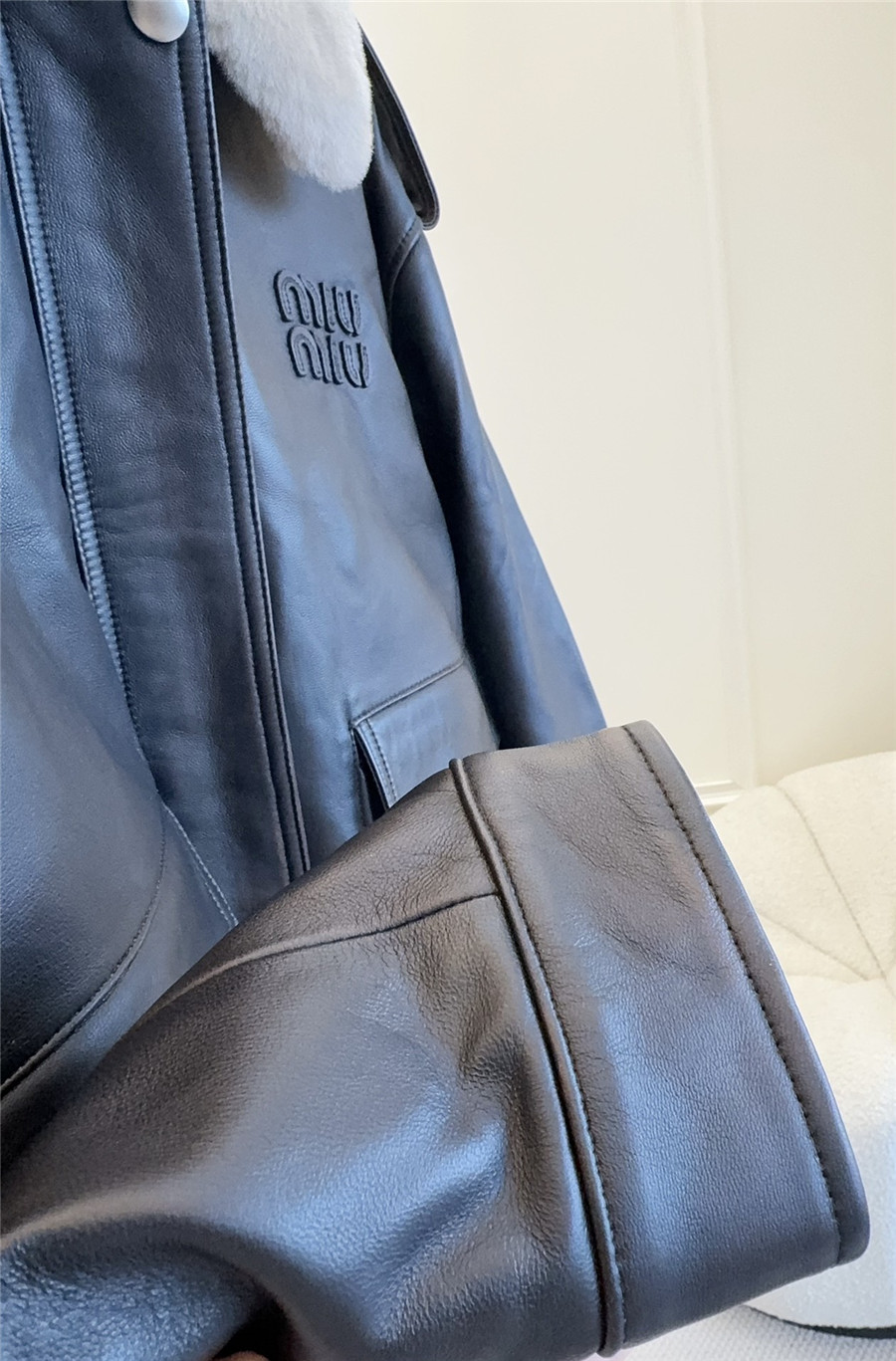 Miu Miu fur collar leather jacket