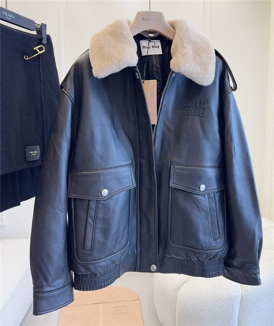 Miu Miu fur collar leather jacket