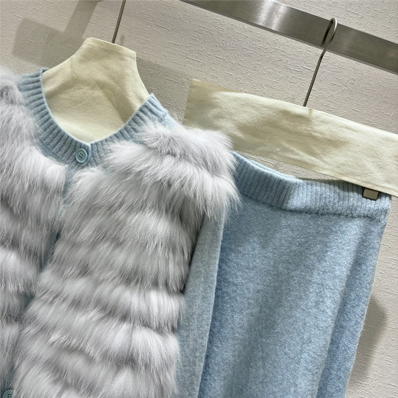 Wool fox fur top coat wool skirt suit