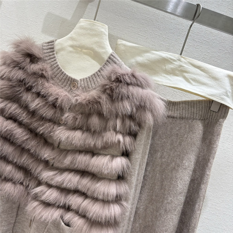 Wool fox fur top coat wool skirt suit