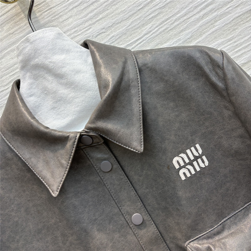 M1um1u flap lapel double pocket short leather jacket