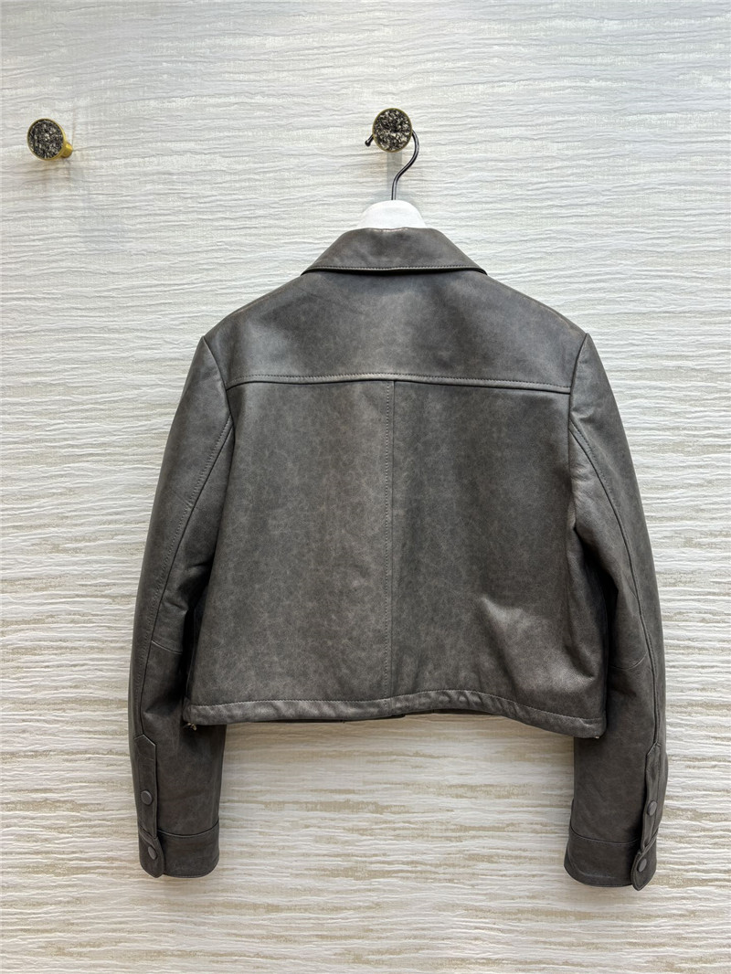 M1um1u flap lapel double pocket short leather jacket