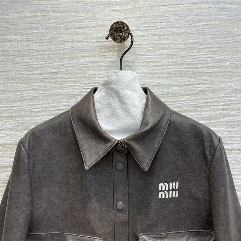 M1um1u flap lapel double pocket short leather jacket