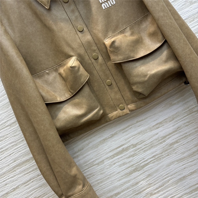 M1um1u flap lapel double pocket short leather jacket