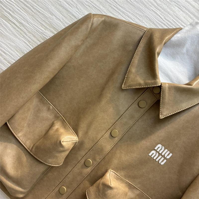 M1um1u flap lapel double pocket short leather jacket