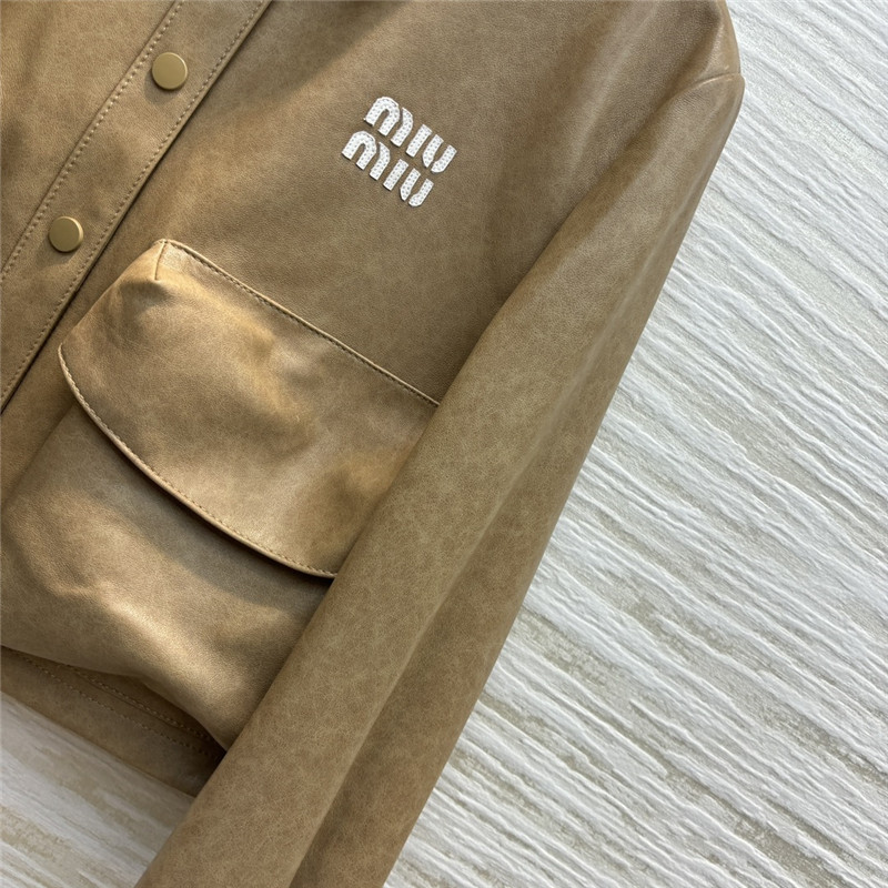 M1um1u flap lapel double pocket short leather jacket