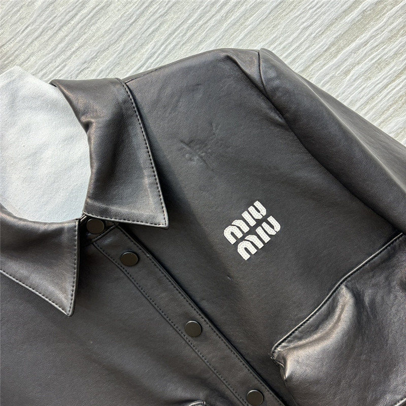 M1um1u flap lapel double pocket short leather jacket