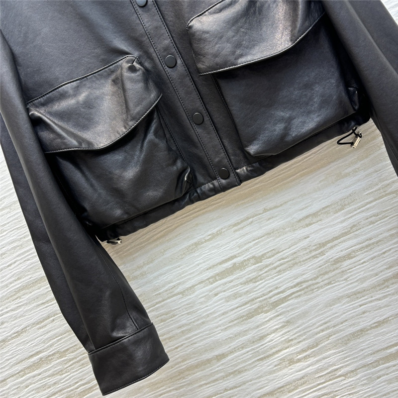 M1um1u flap lapel double pocket short leather jacket