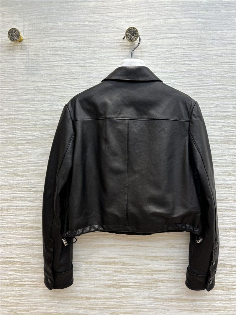 M1um1u flap lapel double pocket short leather jacket