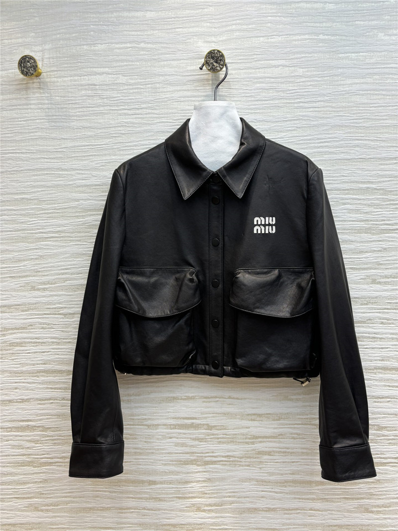 M1um1u flap lapel double pocket short leather jacket