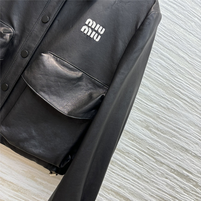 M1um1u flap lapel double pocket short leather jacket