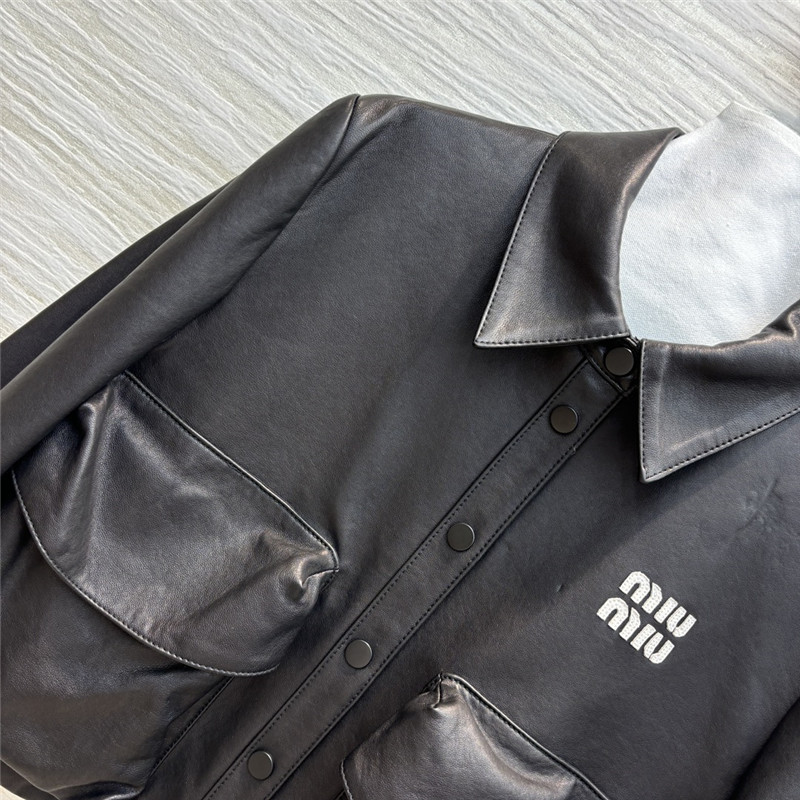 M1um1u flap lapel double pocket short leather jacket