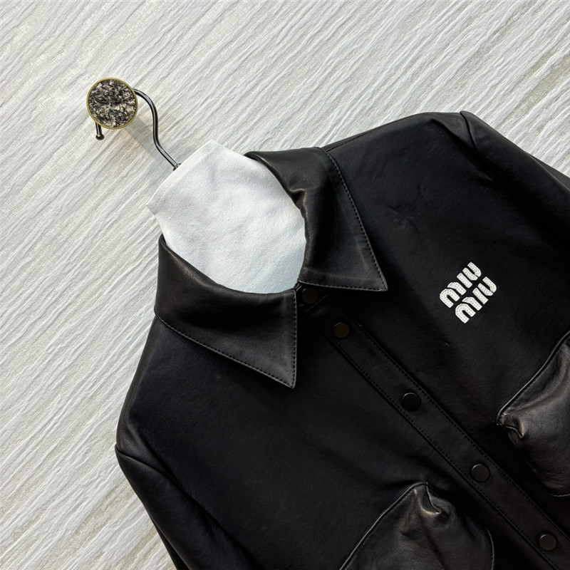 M1um1u flap lapel double pocket short leather jacket