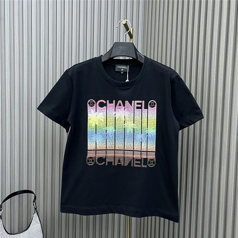 Ch**el round neck rhinestone embroidered t-shirt