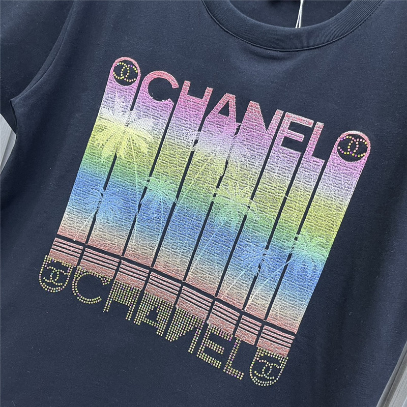 Ch**el round neck rhinestone embroidered t-shirt