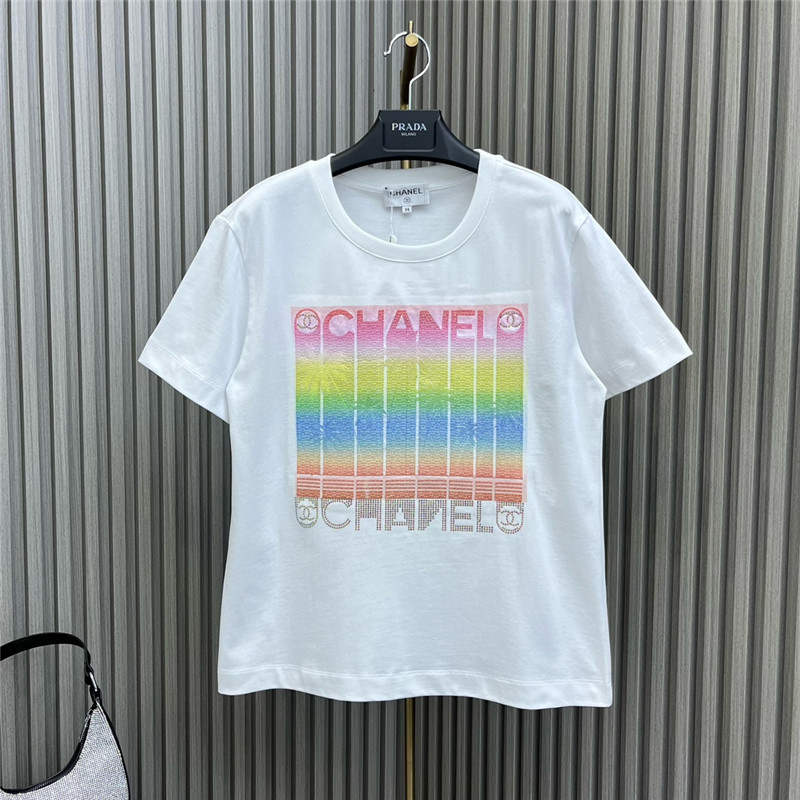 Ch**el round neck rhinestone embroidered t-shirt