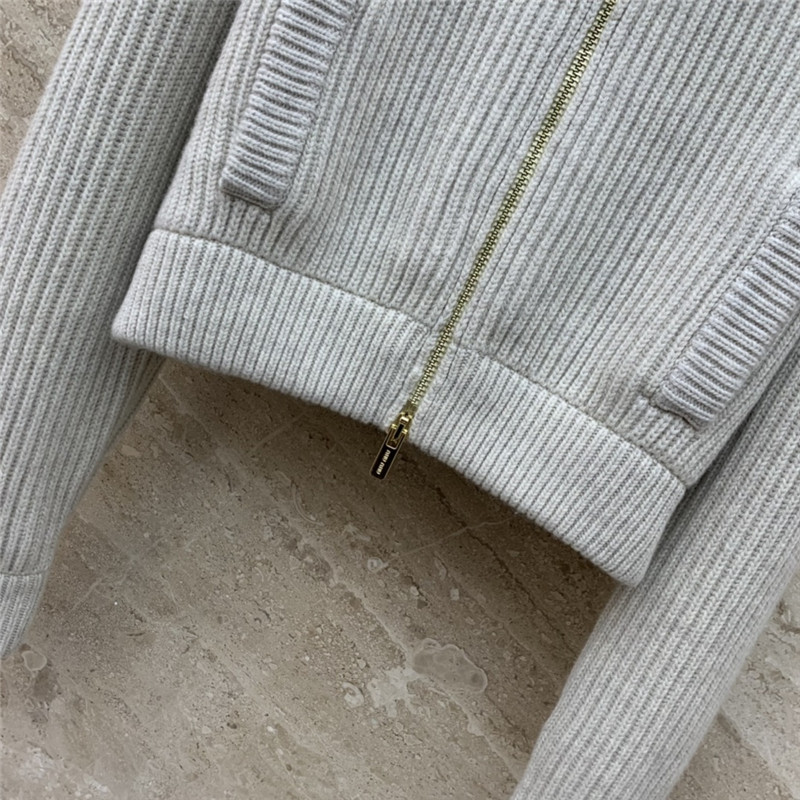 M1um1u navy collar embroidered logo knitted zipper jacket