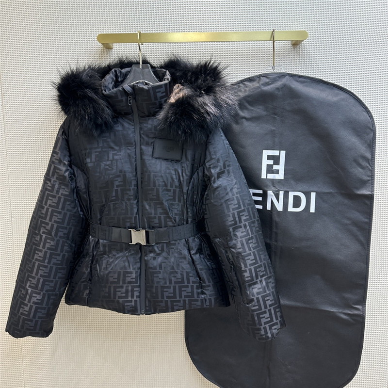 F**di ff jacquard fox fur collar hooded short down jacket
