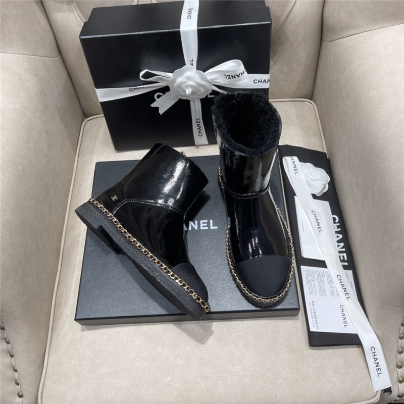 Ch**el patent leather shearling snow boots