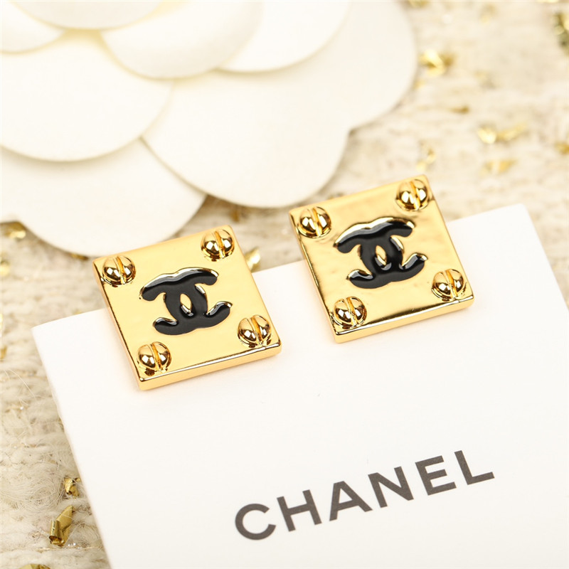 Ch**el square gold black double c stud earrings