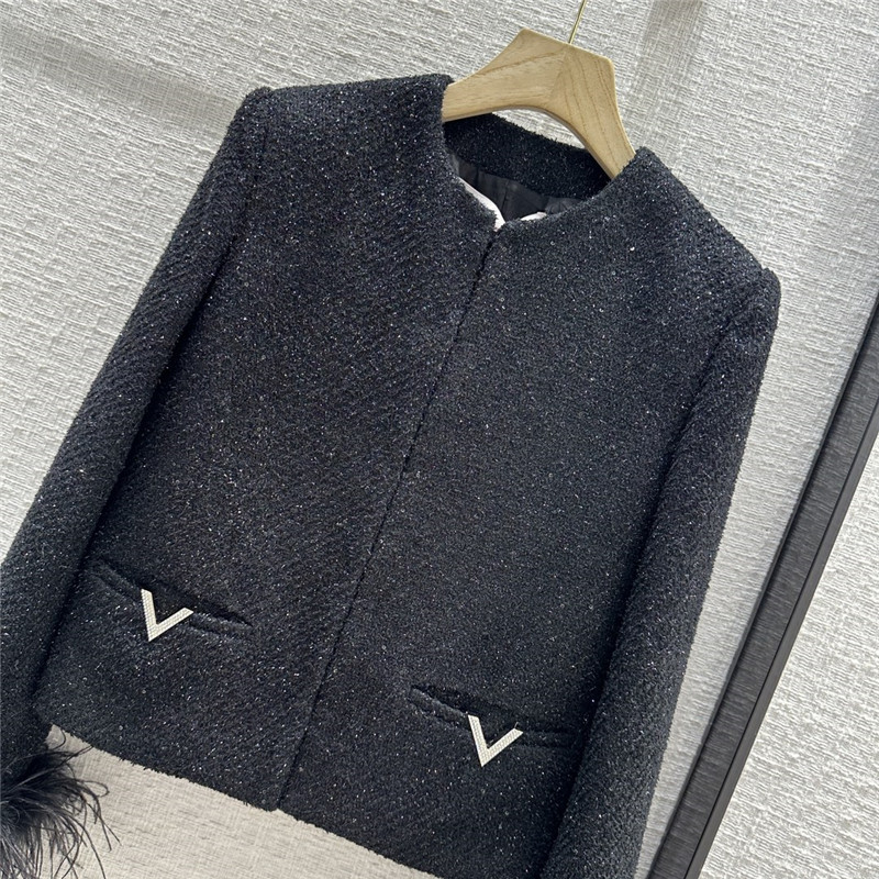 Va1e*ntin0 feather sleeve glossy black tweed coat