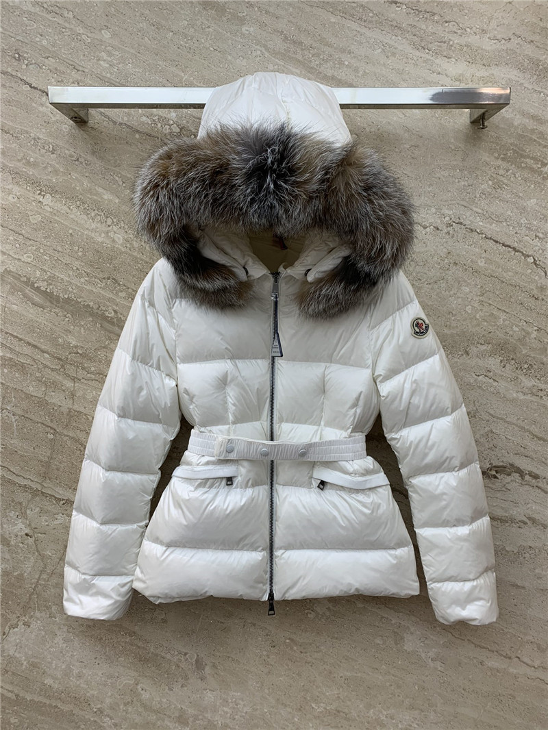 Moncler hooded belted fur collar waisted down jacket
