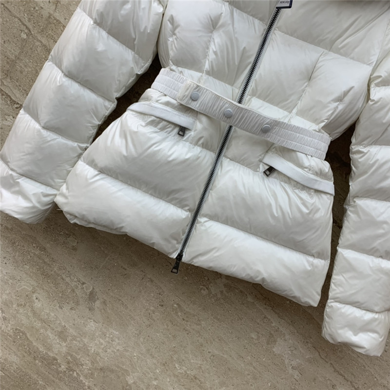 Moncler hooded belted fur collar waisted down jacket