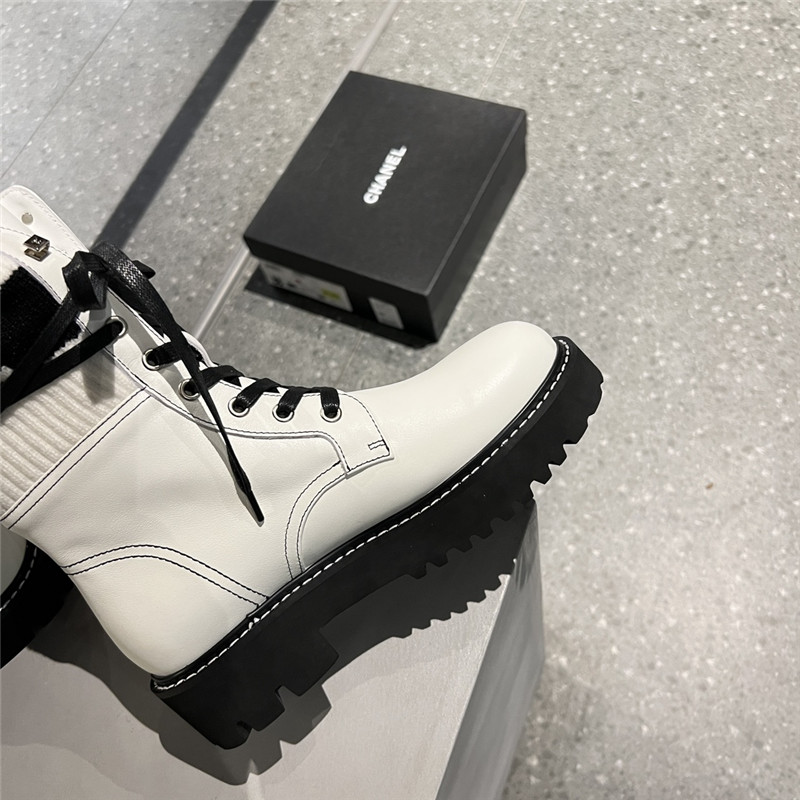 Ch**el white knit leather lace-up boots