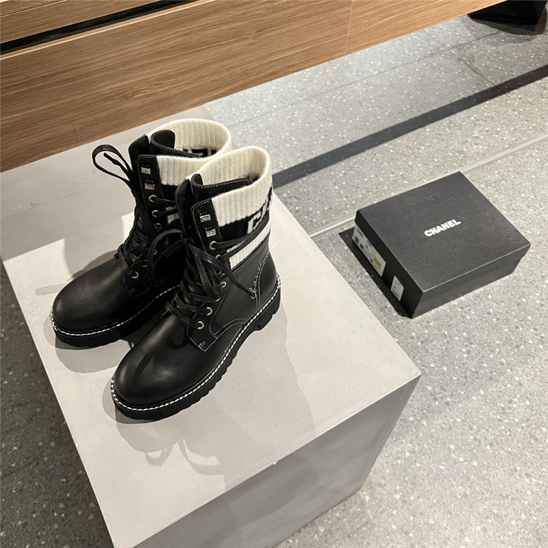 Ch**el white black knit leather lace-up boots