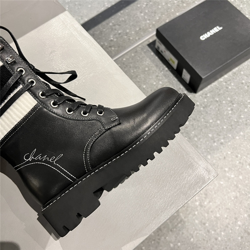 Ch**el white black knit leather lace-up boots