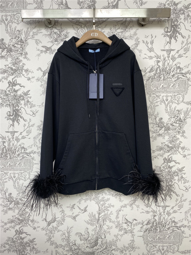Pra*a feather cuffs zipper hooded sweatshirt navy
