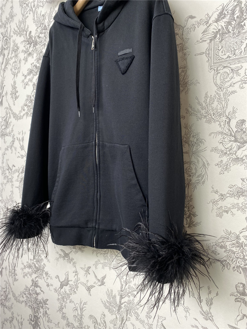 Pra*a feather cuffs zipper hooded sweatshirt navy