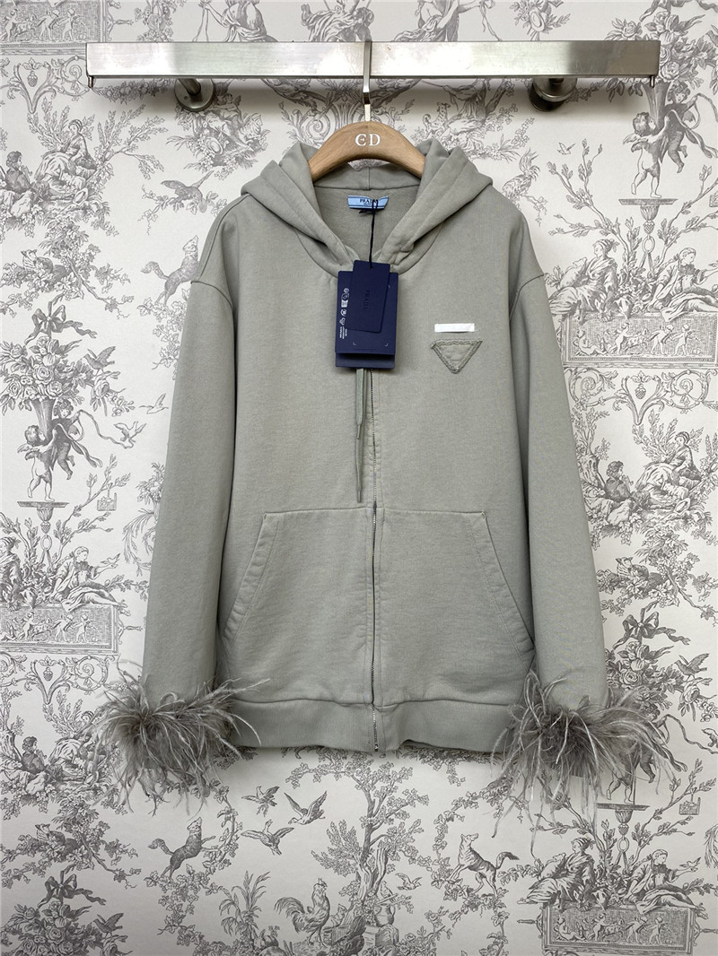 Pra*a feather cuffs zipper hooded sweatshirt grey