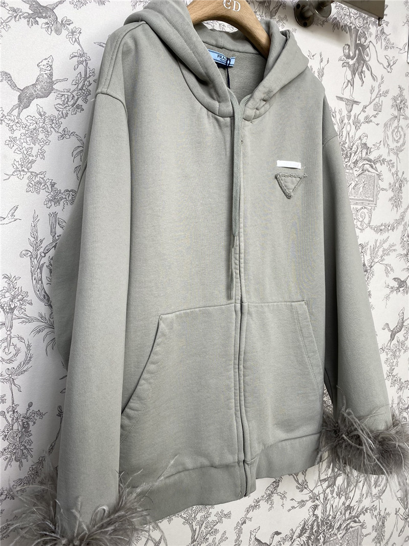 Pra*a feather cuffs zipper hooded sweatshirt grey