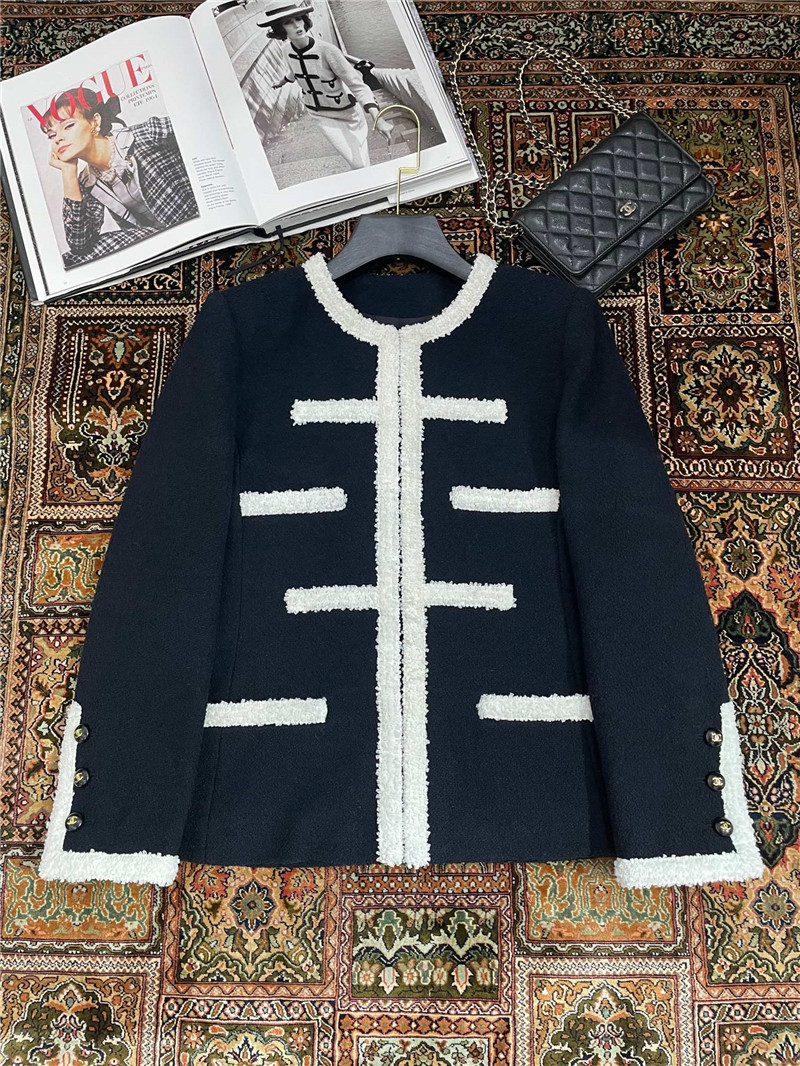 Ch**el navy blue tweed piping color block jacket