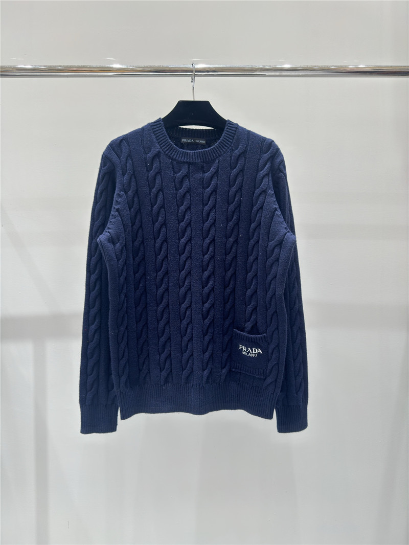 Pra*a logo pocket twist knit sweater navy
