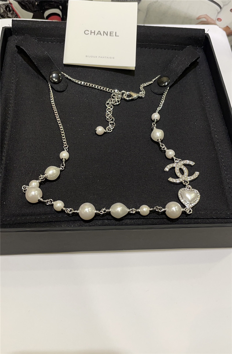 ch**el love D1am0nd double c pearl silver necklace
