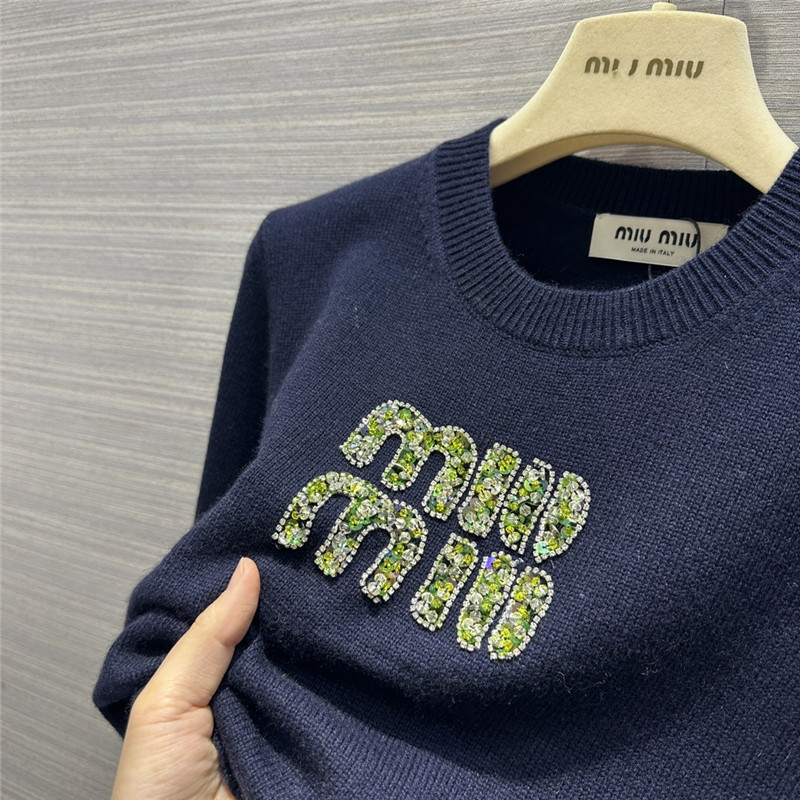 Miu Miu Logo Short Knitted Sweater Navy