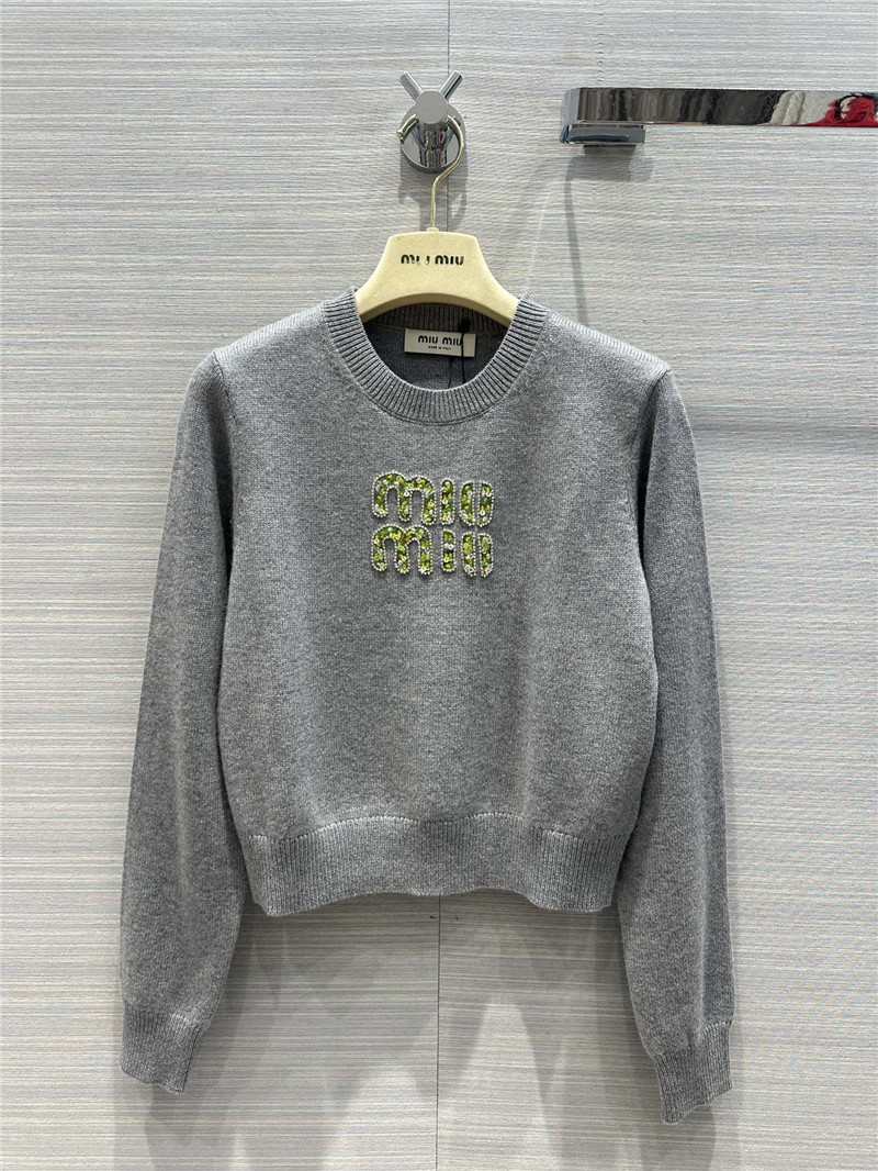 Miu Miu Logo Short Knitted Sweater Grey