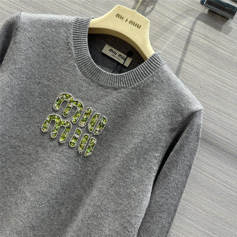 Miu Miu Logo Short Knitted Sweater Grey