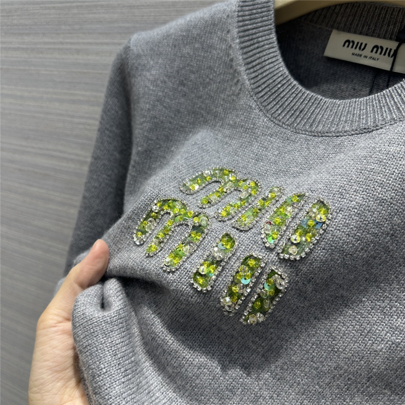 Miu Miu Logo Short Knitted Sweater Grey