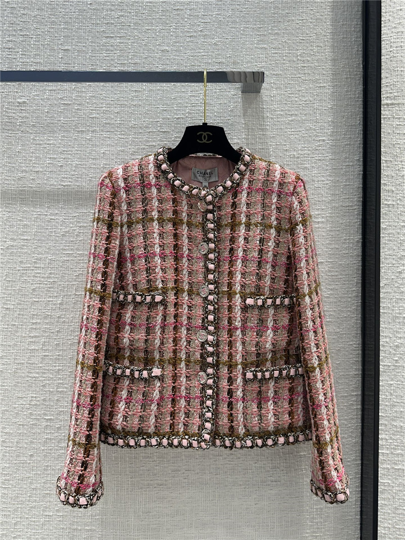 Ch**el pink and brown plaid tweed jacket