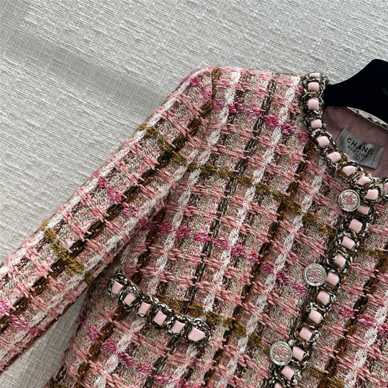 Ch**el pink and brown plaid tweed jacket