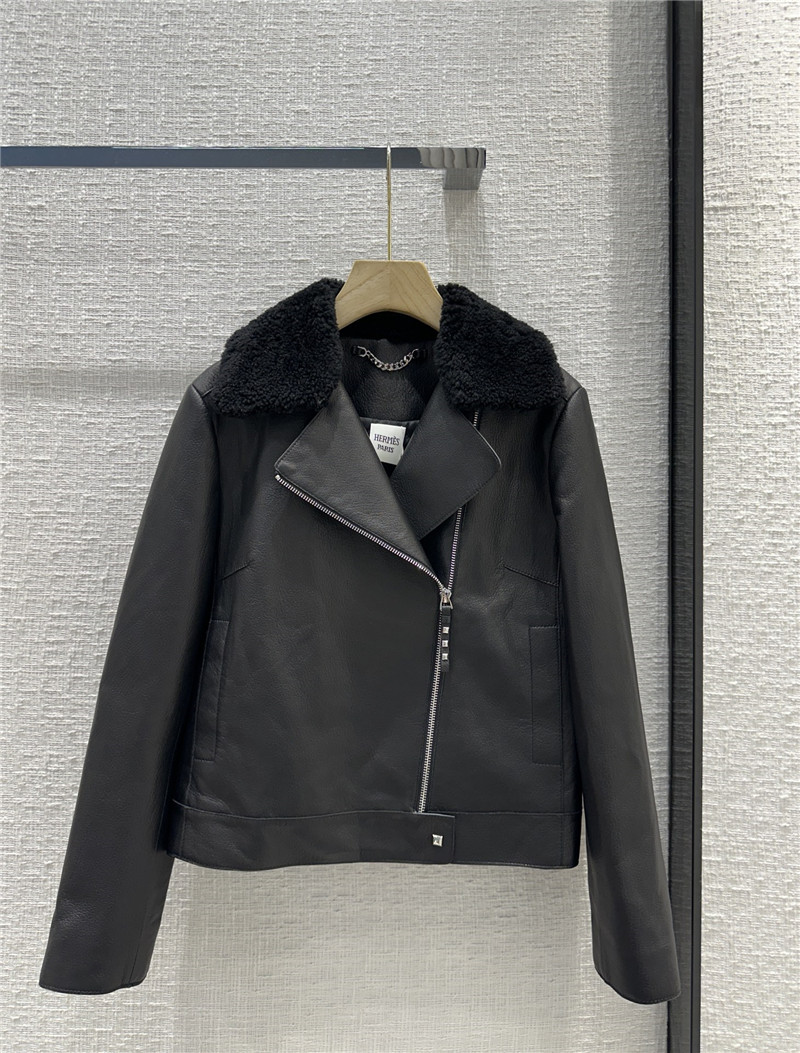 H**me5 pebbled lambskin lambswool collar biker jacket
