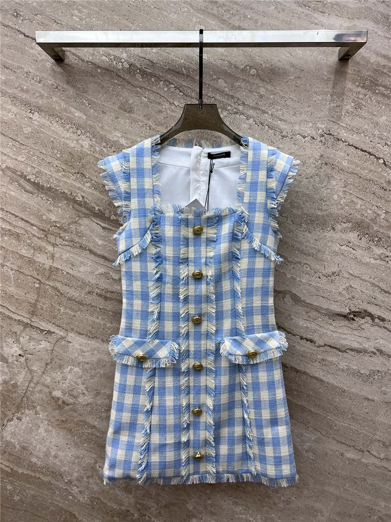 Balmain fringed blue and white plaid dress