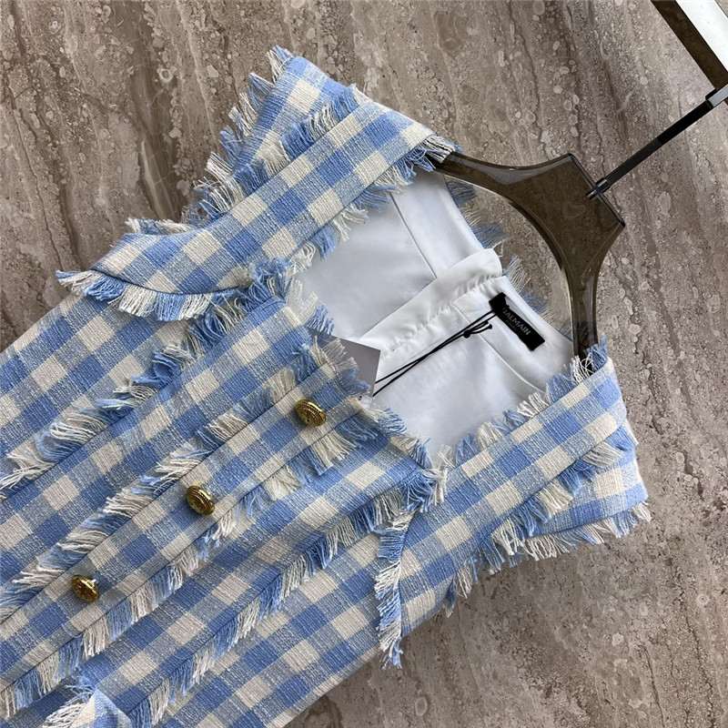 Balmain fringed blue and white plaid dress