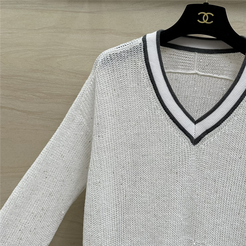 BC Sequin Linen V-neck Sweater White