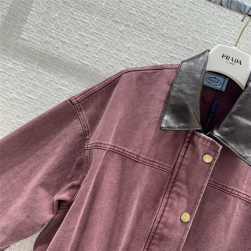 Pra*a unisex distressed leather collar denim jacket