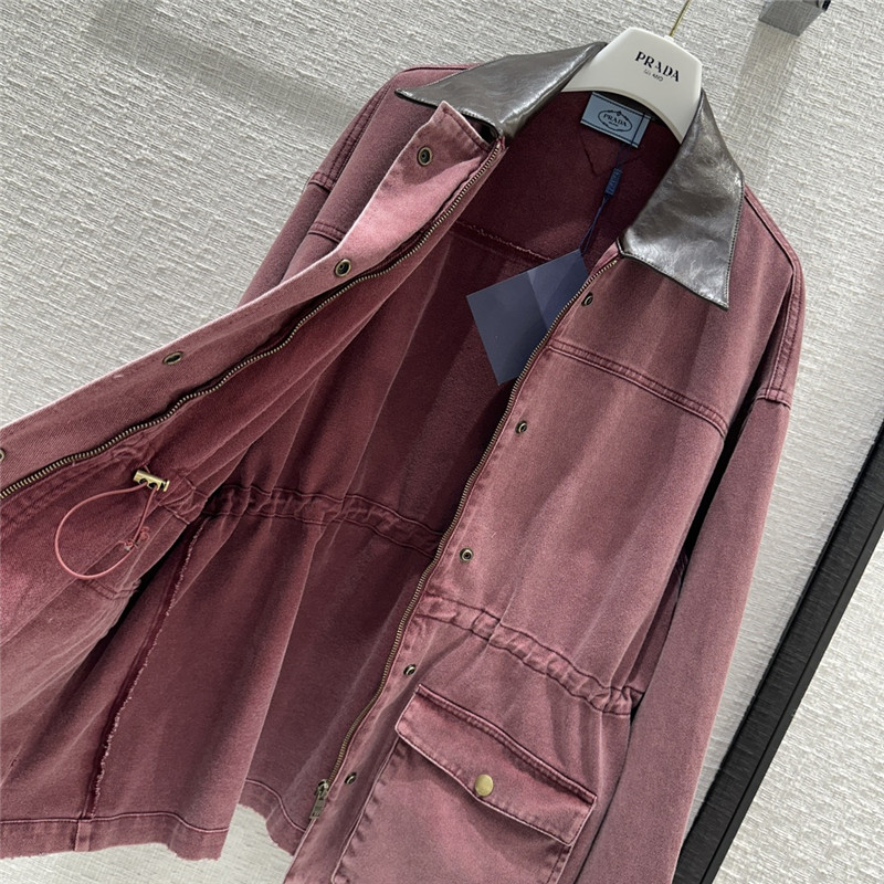 Pra*a unisex distressed leather collar denim jacket